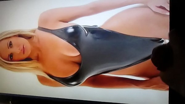 Cumshot on girl in leather swimsuit