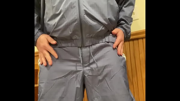 Blue Adidas nylon tracksuit rub and cum