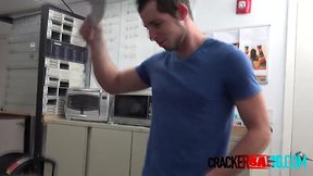 Young jock is placed on directors desk to take his huge coalblack penis