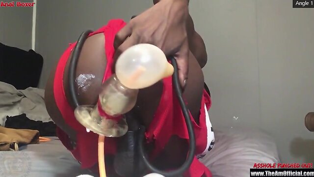 Using mammoth toy to beat up his destroyed hole the backside bouquet of buttplug with