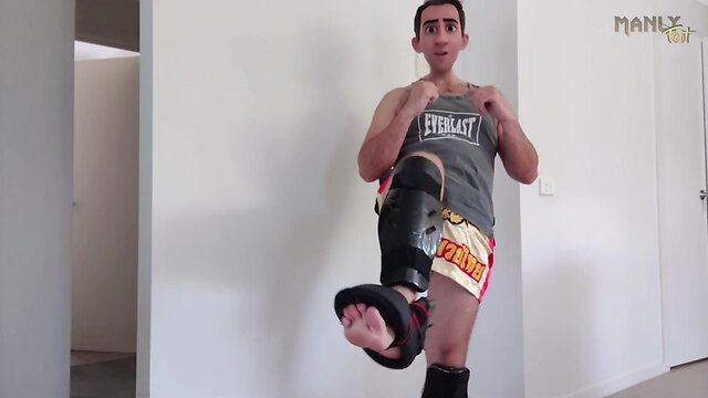 Kickboxer thai boxing shorts on: a martial arts film watched, penis stroke off yes!