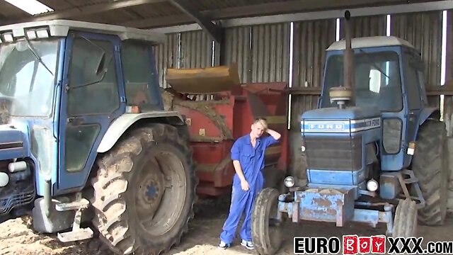 Farm threesome: skinny twink takes hardcore anal and blasts cum on farm equipment