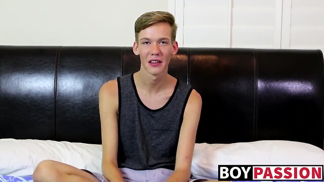 Thin teenager wanks his long penis until he bursts up his semen